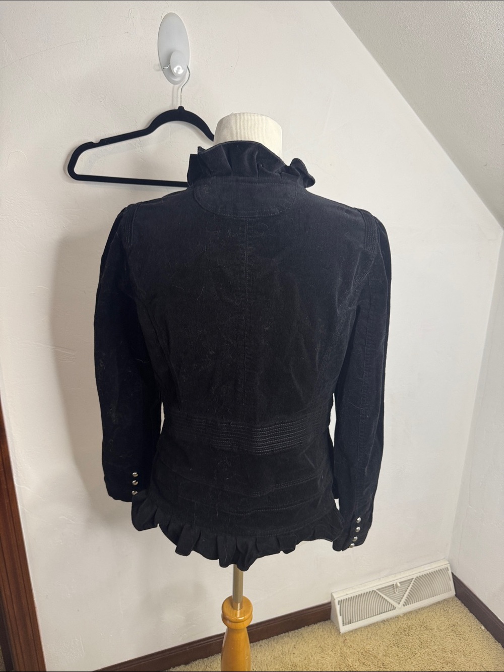 White House Black Market Stylish black Military Ruffle Front Jacket Size 12 - Picture 4 of 9